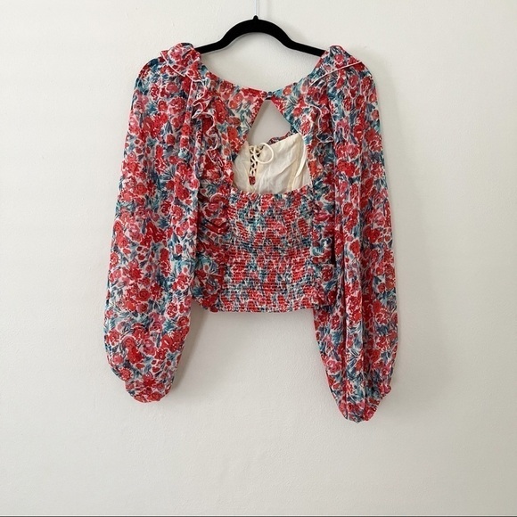 NWT FREE PEOPLE Mable Bustier Long Sleeve Sweetheart Floral Red Top XS - Picture 3 of 5